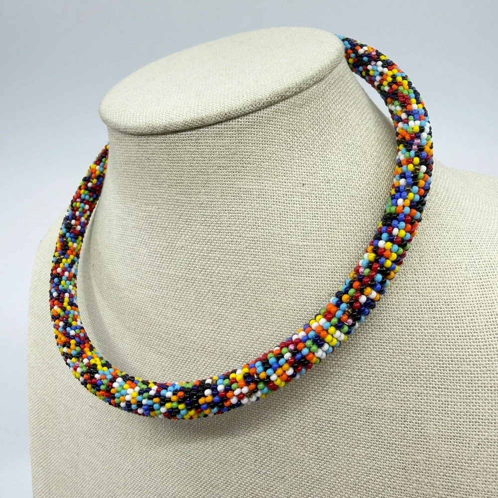 Multicolor Seed Bead Collar Necklace Boho Statement Festival Layering Gift Chic